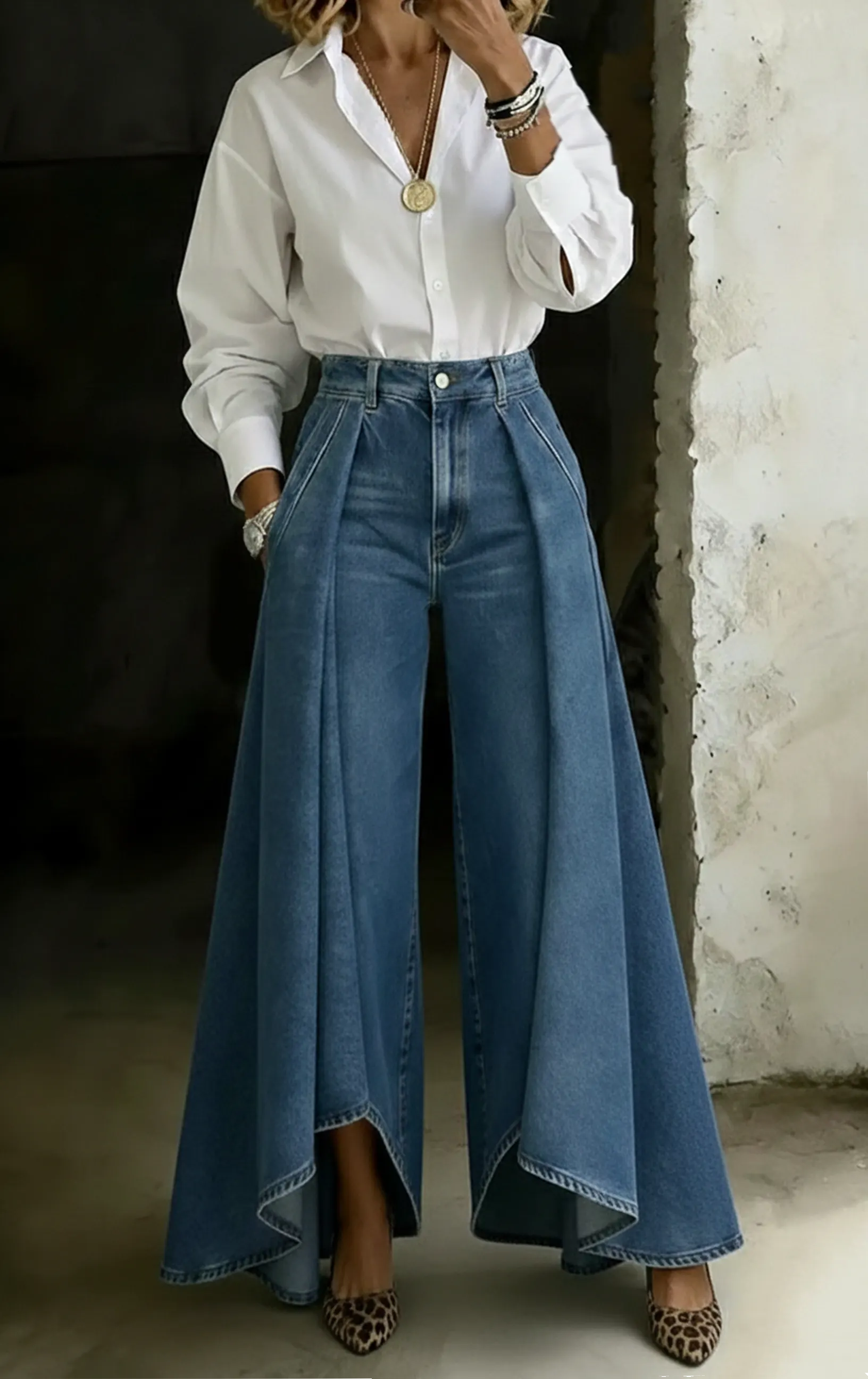 Women's Fashion Design High-waisted Casual Loose-fitting Wide-leg Jeans