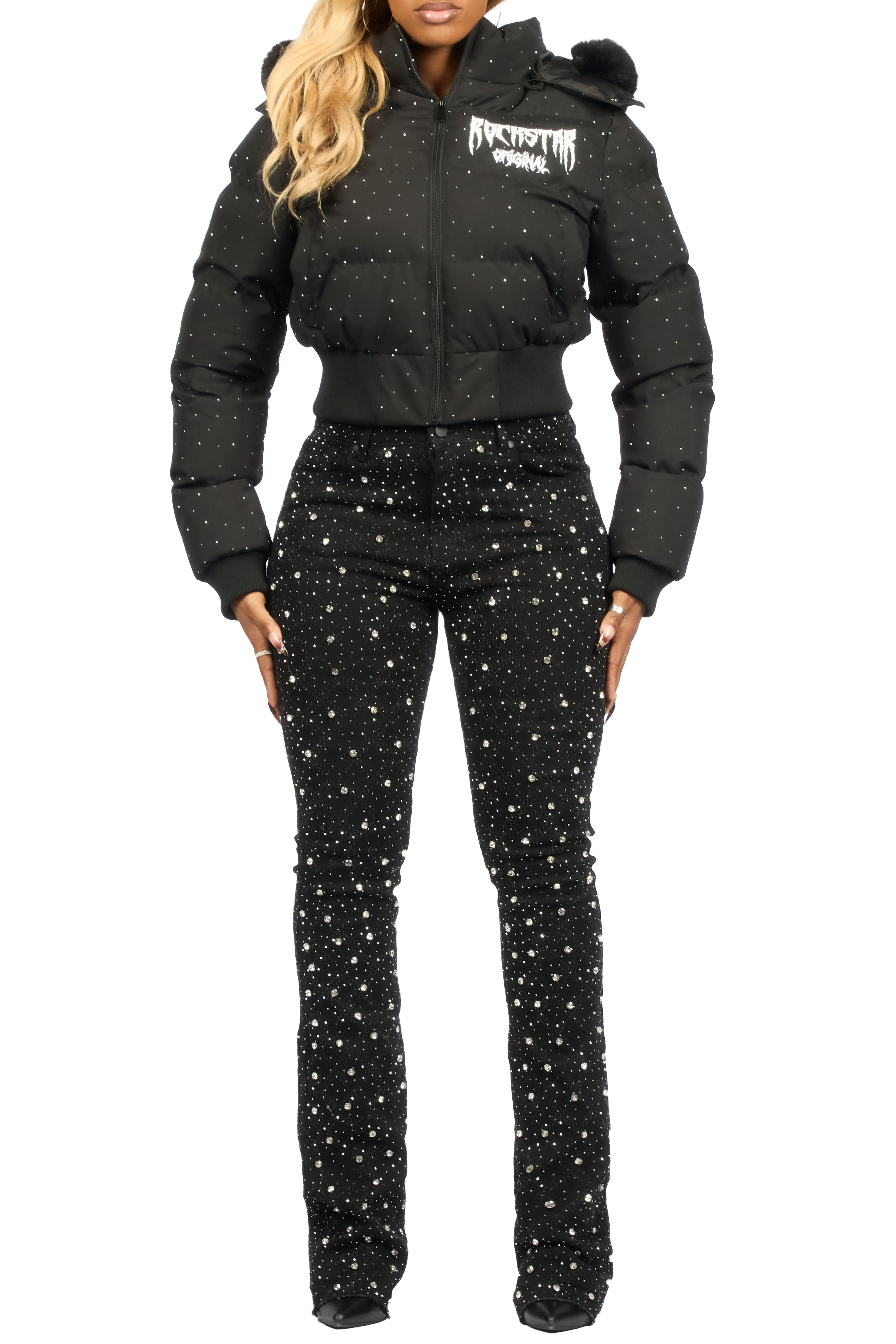 Gabrielle Black Rhinestone Puffer Jacket With Fur Hood
