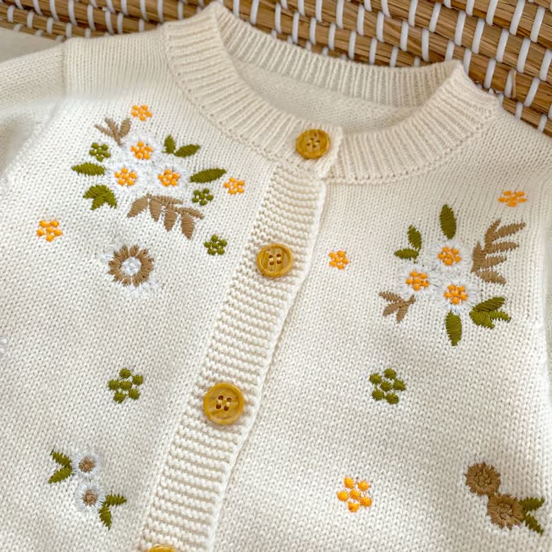 Embroidered Floral Beige Knit Cardigan
