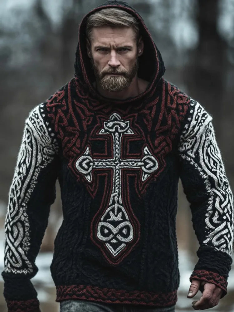 Men's Viking Style Cross Color Blocked Hooded Sweater
