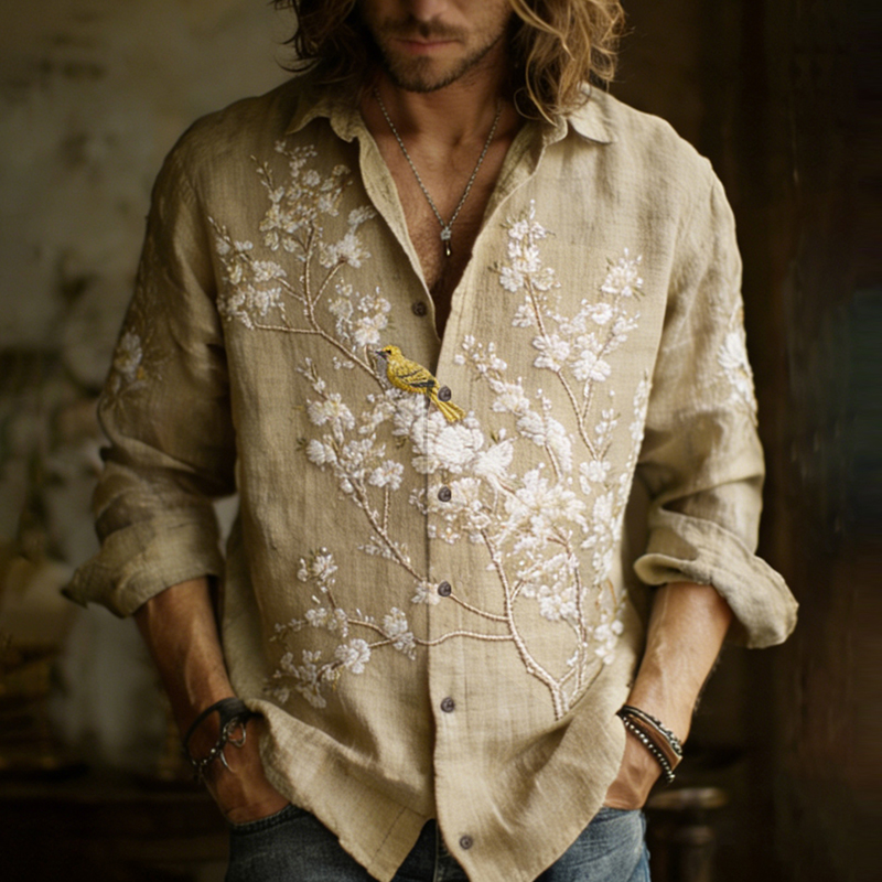 Men's Apricot Blossom With Bird Embroidery Painting Art Linen Shirt