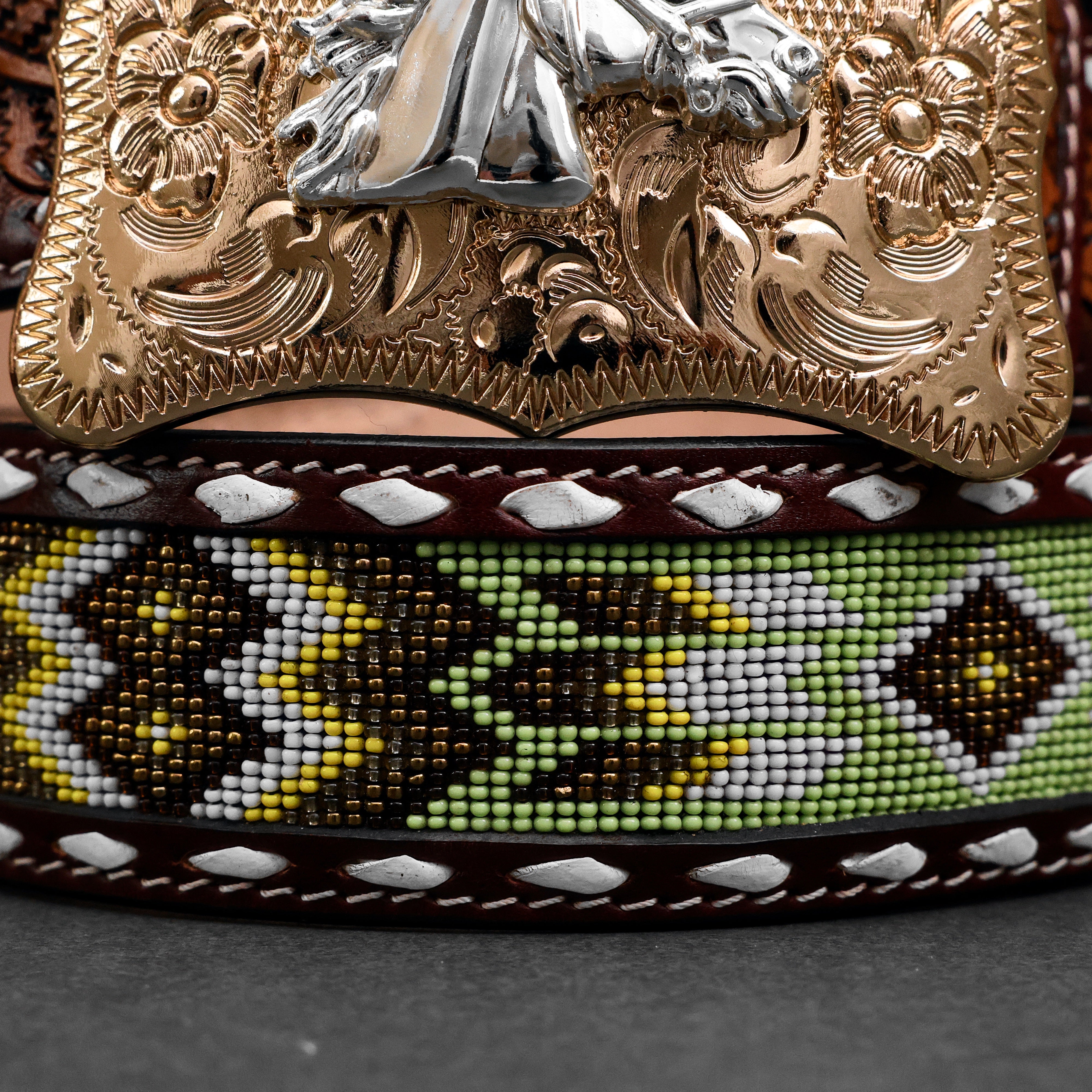 2 Inch Hand-Tooled Artesanal Beaded Leather Belt