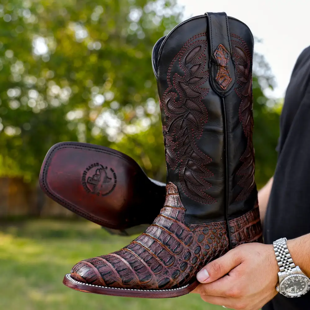 Chocolate Brown Caiman Hornback Leather Boots - Square Toe
