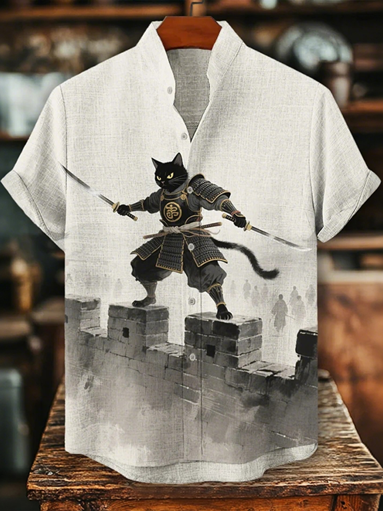 Men's Black Cat Samurai Swordsman Print Short Sleeve Shirt