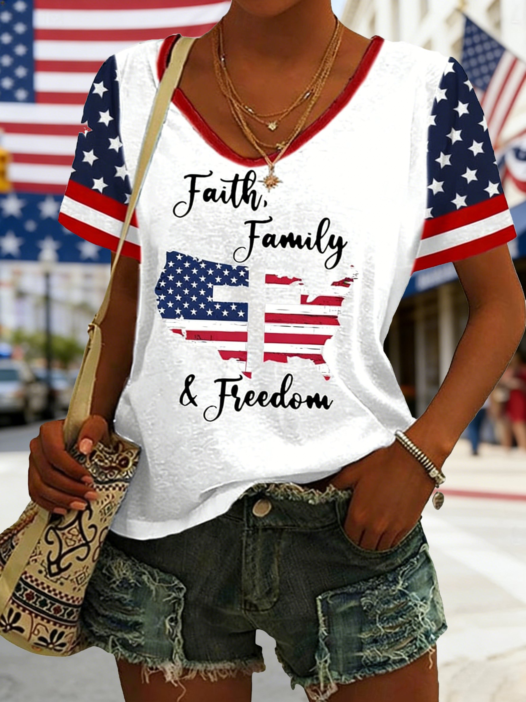 Vintage 3D Printing V Neck Short Sleeve T-shirt