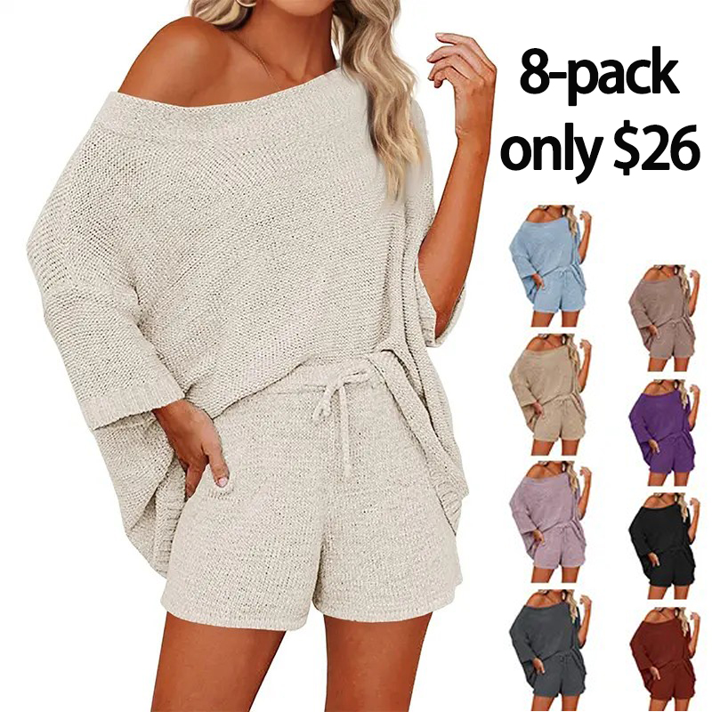 isace Women's 2 Piece Knit Lounge Set – Off-Shoulder Sweater Top and Shorts Matching Outfit, Cute and Comfy Pajama or Casual Wear