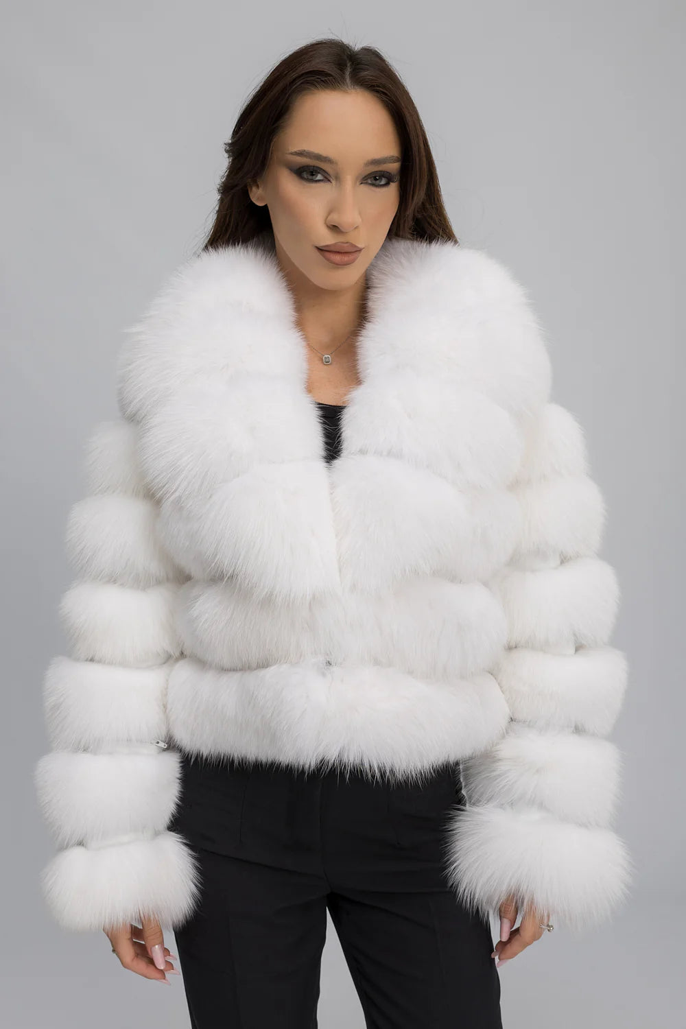 Haină din Blană Naturală de Vulpe Polară, cu Guler Rever, Femei, Arctic White 467