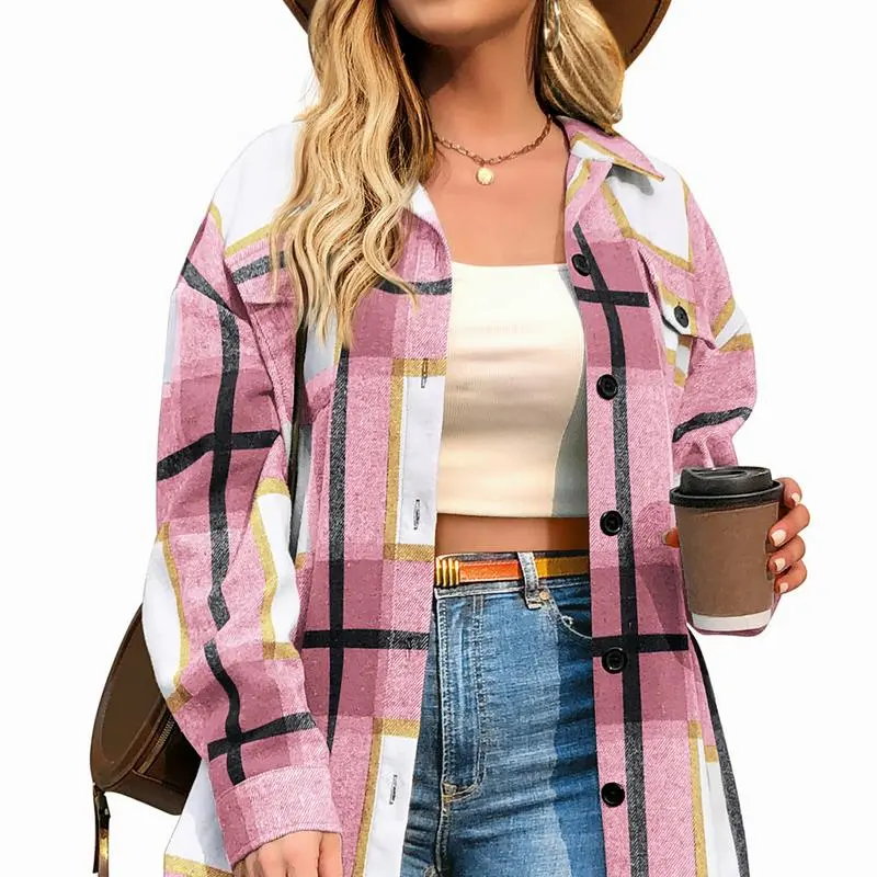 Womens Plus Size Shacket Jacket Flannel Plaid Long Sleeve