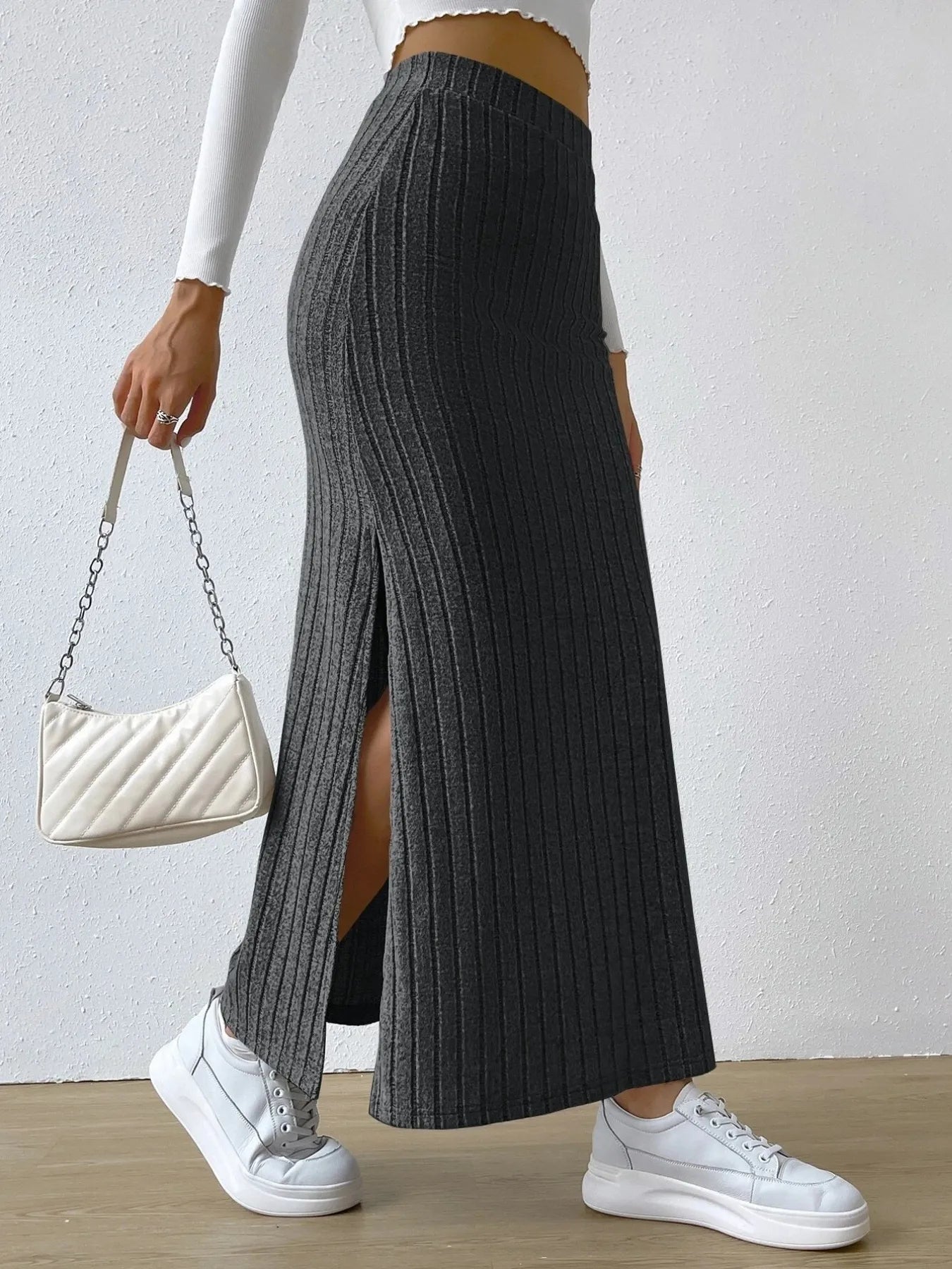 High Waist Ribbed Knit Maxi Skirt