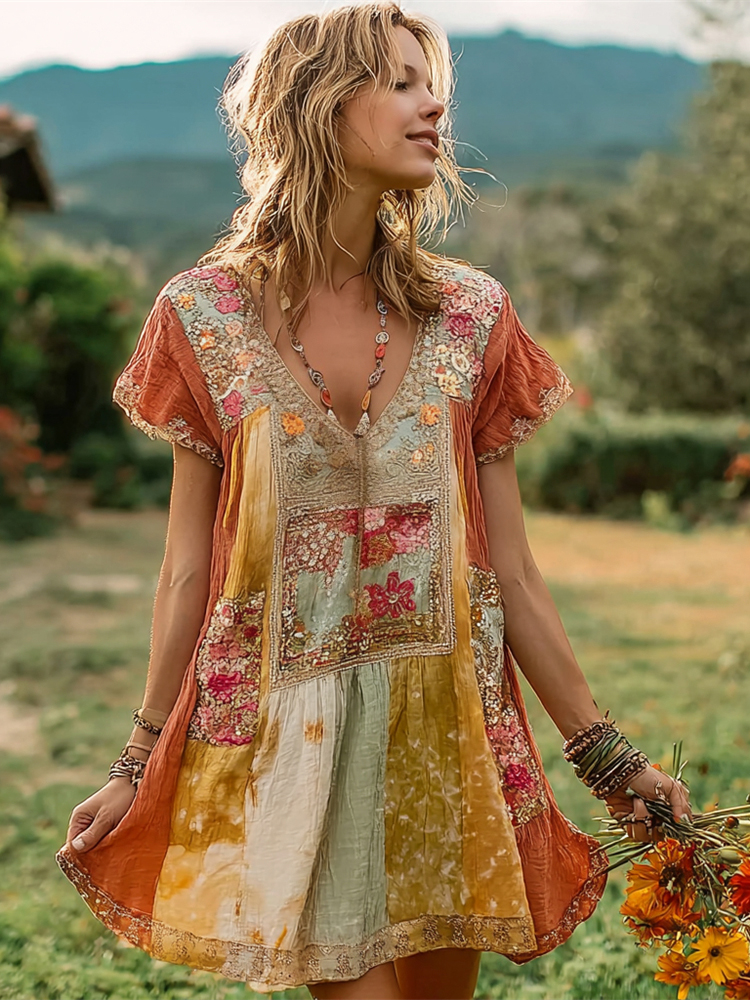 Boho Style Sunset Floral Patchwork Women's Linen Short Sleeve Mini Dress