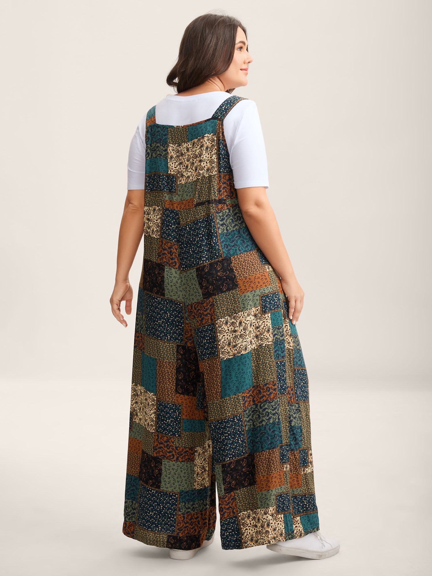 Vintage Boho Collage Overall Straps Jumpsuit