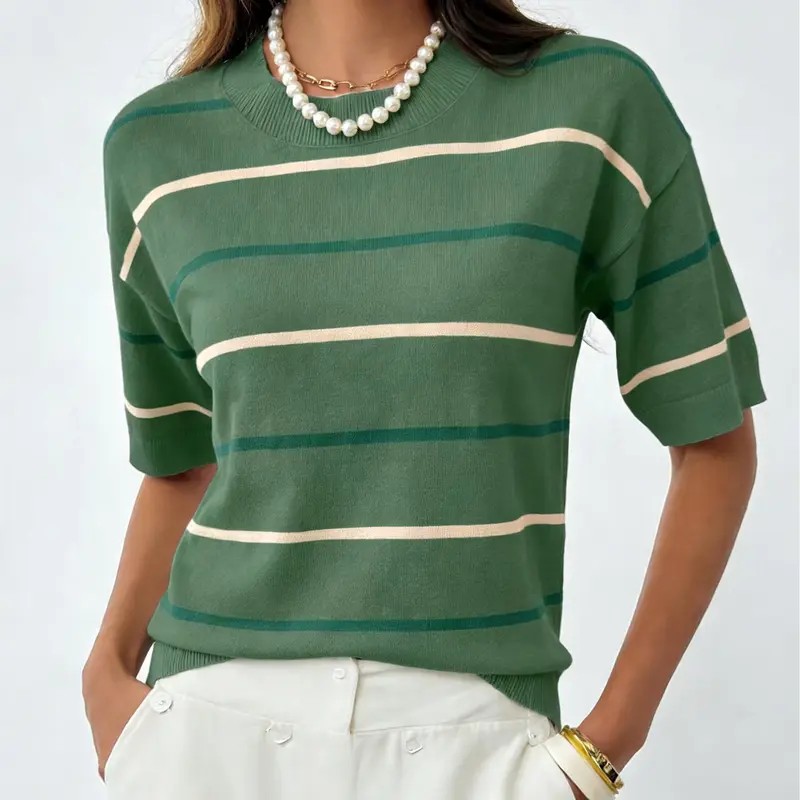 2026 Spring/Summer Women's Short Sleeve Striped Sweatshirt - Soft Breathable Fabric Crew Neck Pullover Top for Daily Wear