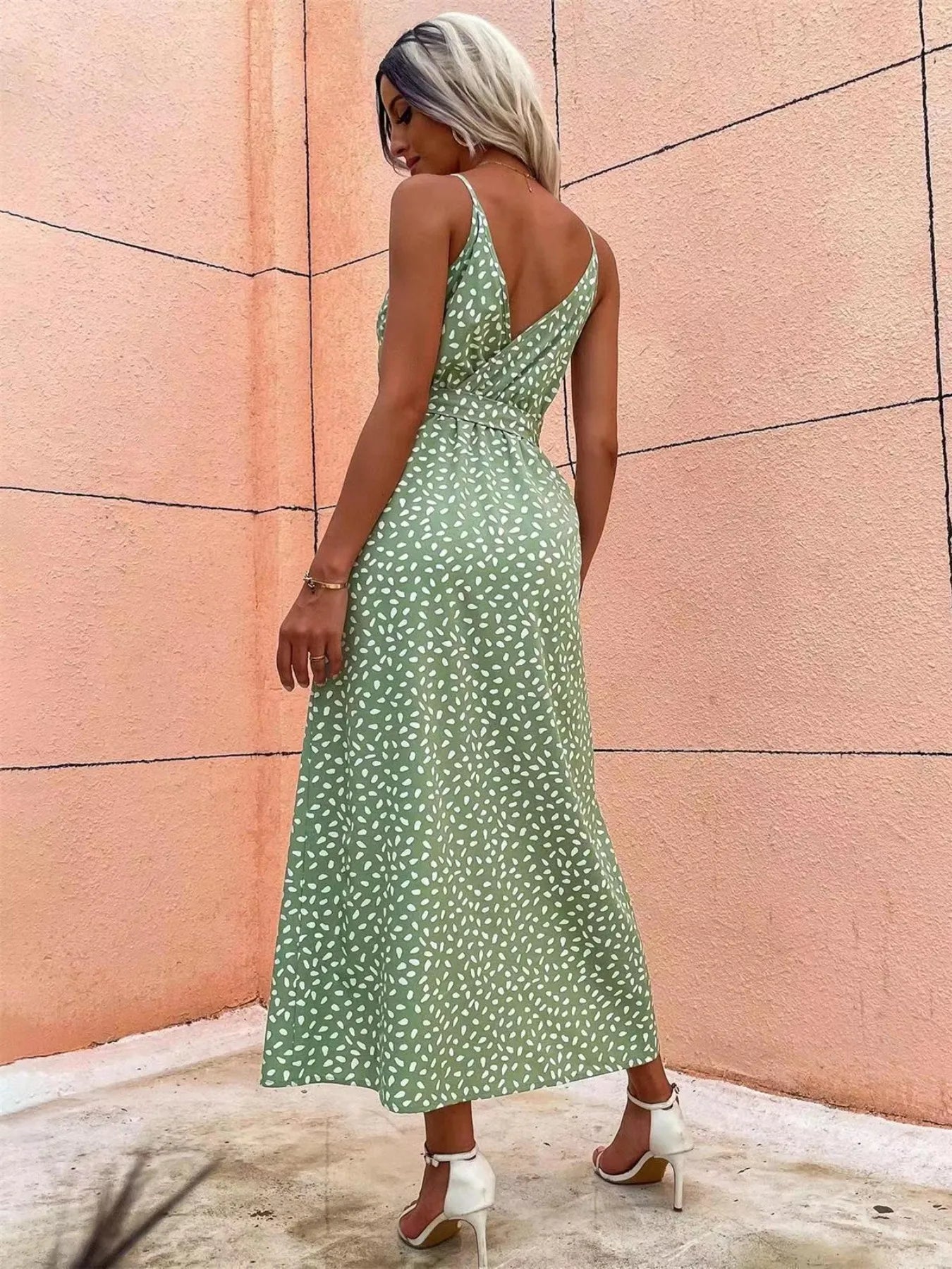 Slit Printed Surplice Midi Dress
