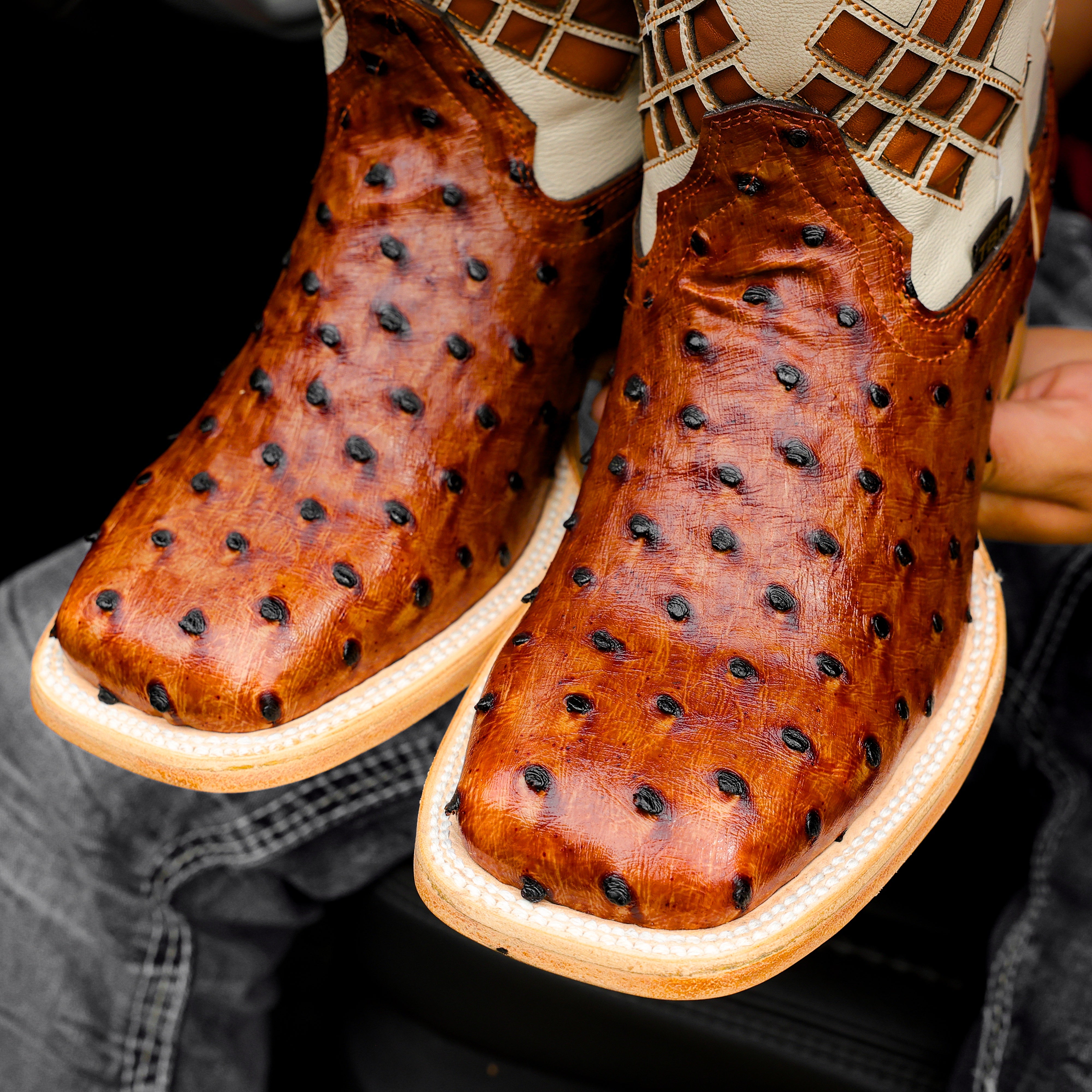 Cognac Ostrich Leather Boots - Square Toe