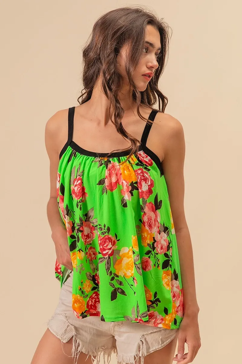 Floral Print Jersey Knit Gathering Cami Top
