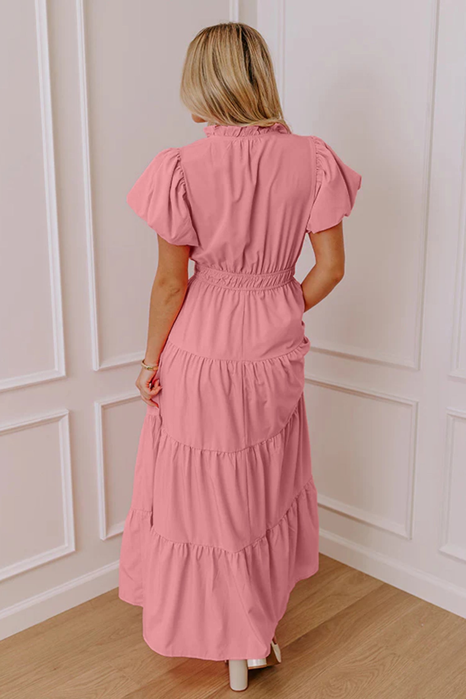 Coral Solid Color V Neck Short Puff Sleeve High Waist Tiered Maxi Dress