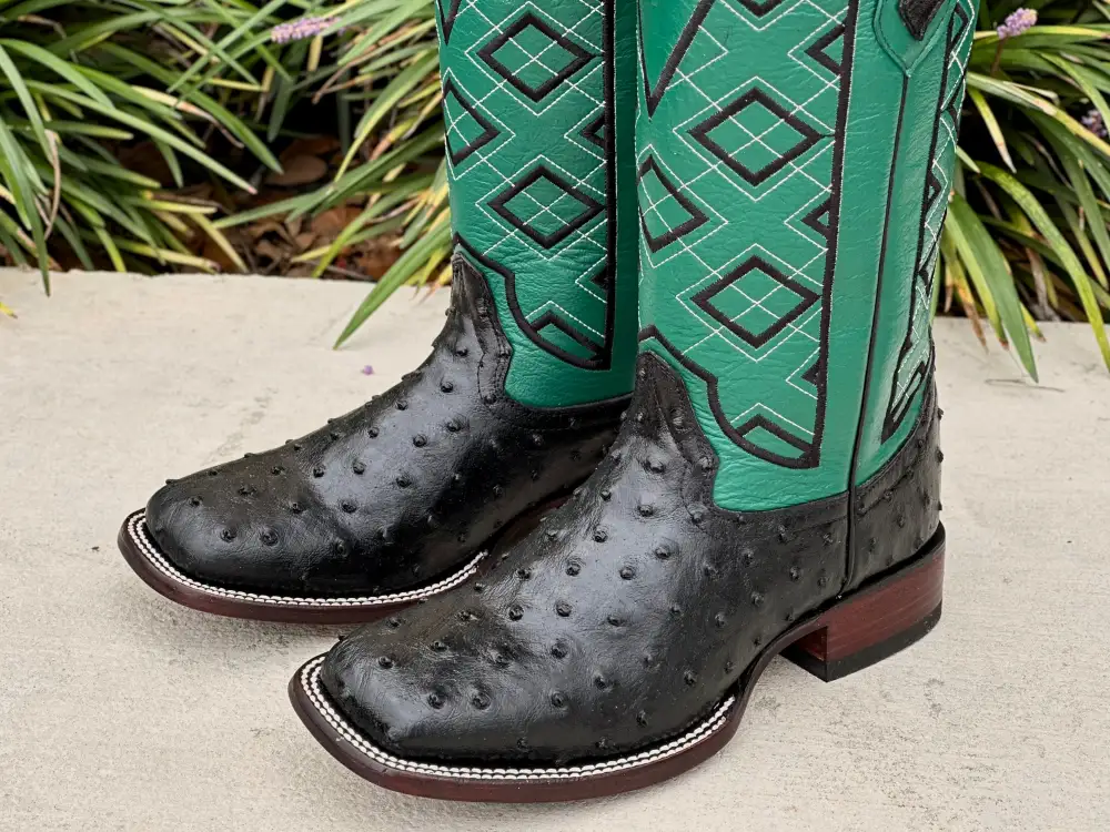Men’s Black Ostrich Leather Boots With Green Shaft