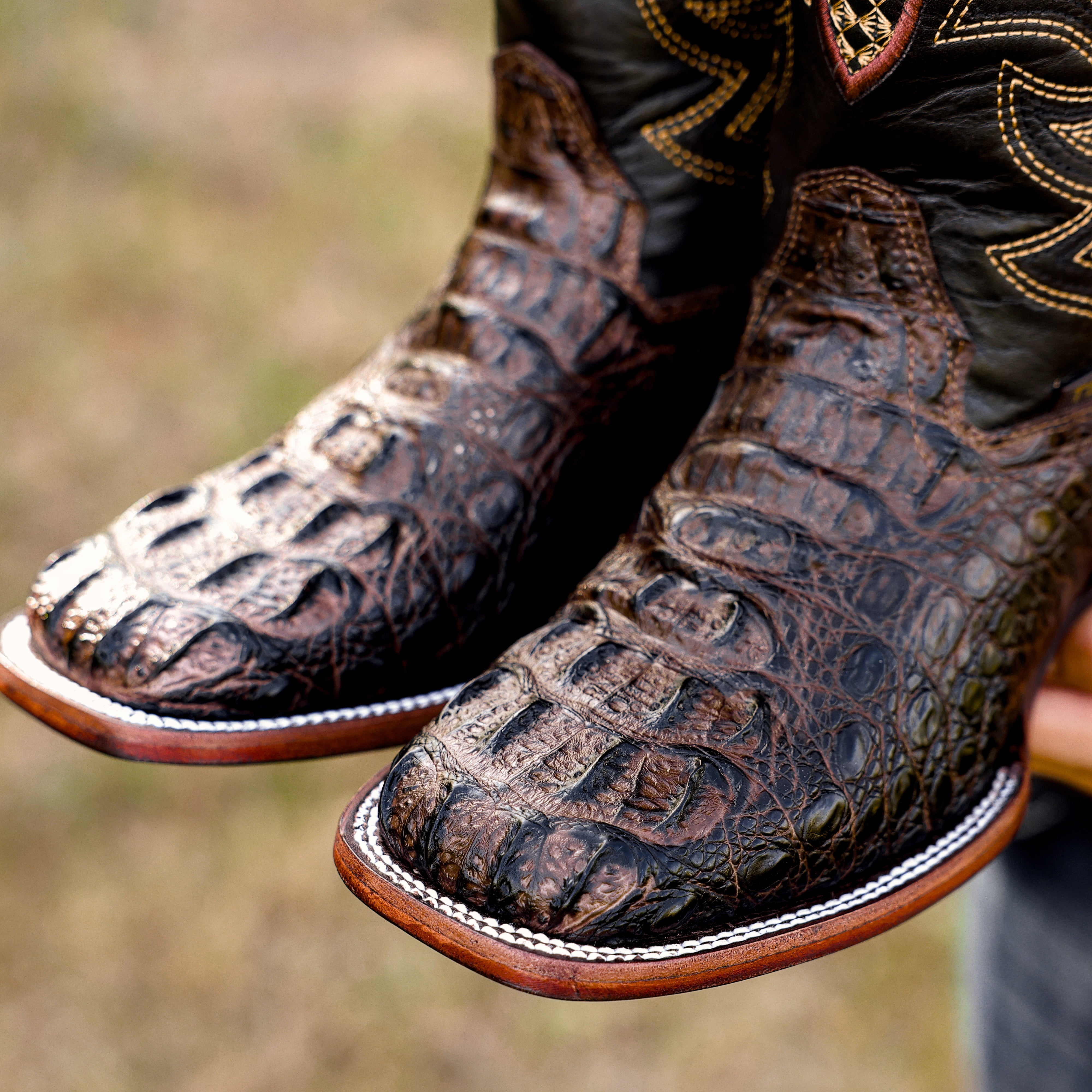 Chocolate Brown Caiman Neck Leather Boots - Square Toe