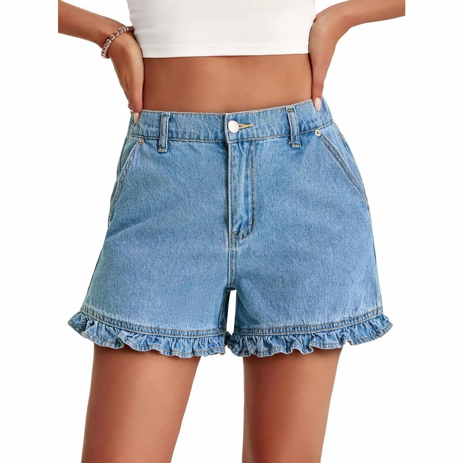 Women’s Summer Ruffle High-Waisted Denim Shorts