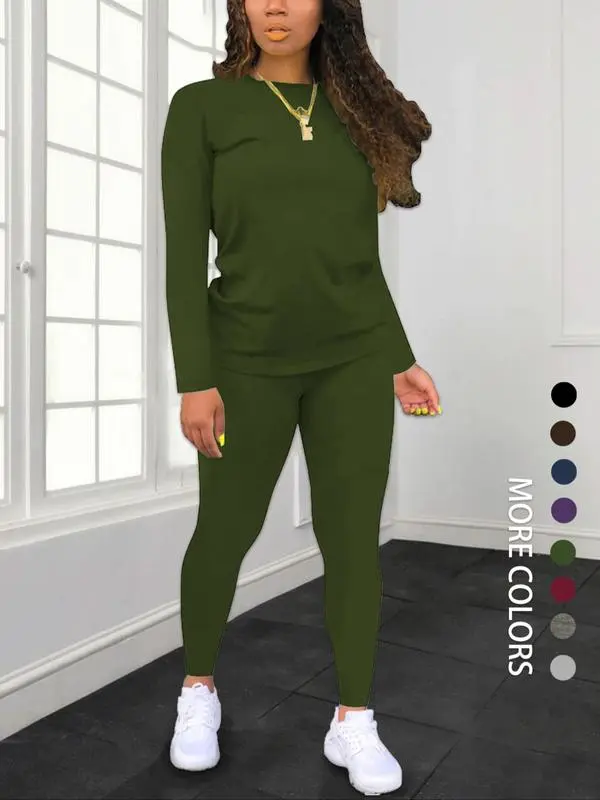 Women's Minimalist Chic Solid Long Sleeve Tee & Elastic Waist Pants Set