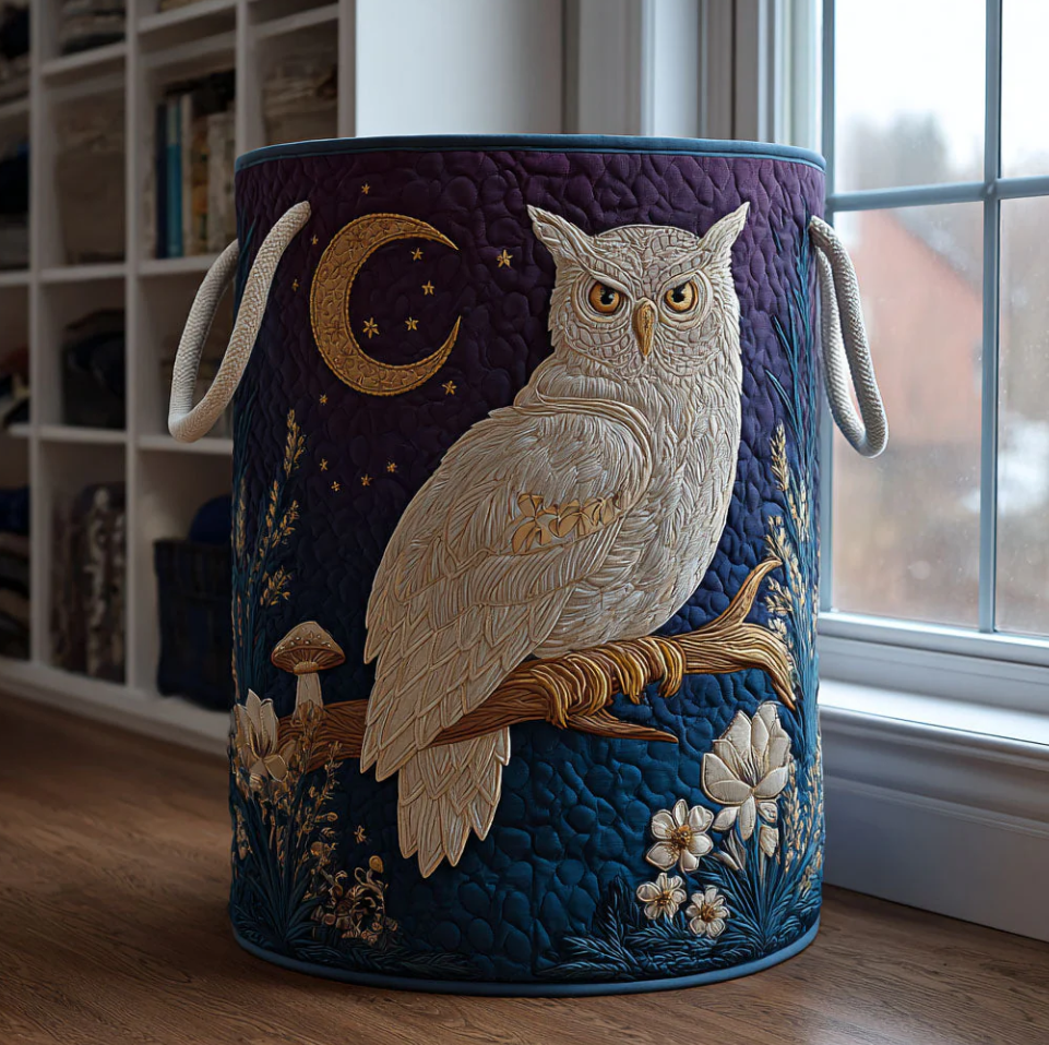Exquisite Owl Pattern Quilted Laundry Basket Eco-Friendly Machine Washable Storage Container for Home Study Room Bedroom Organization | Owl