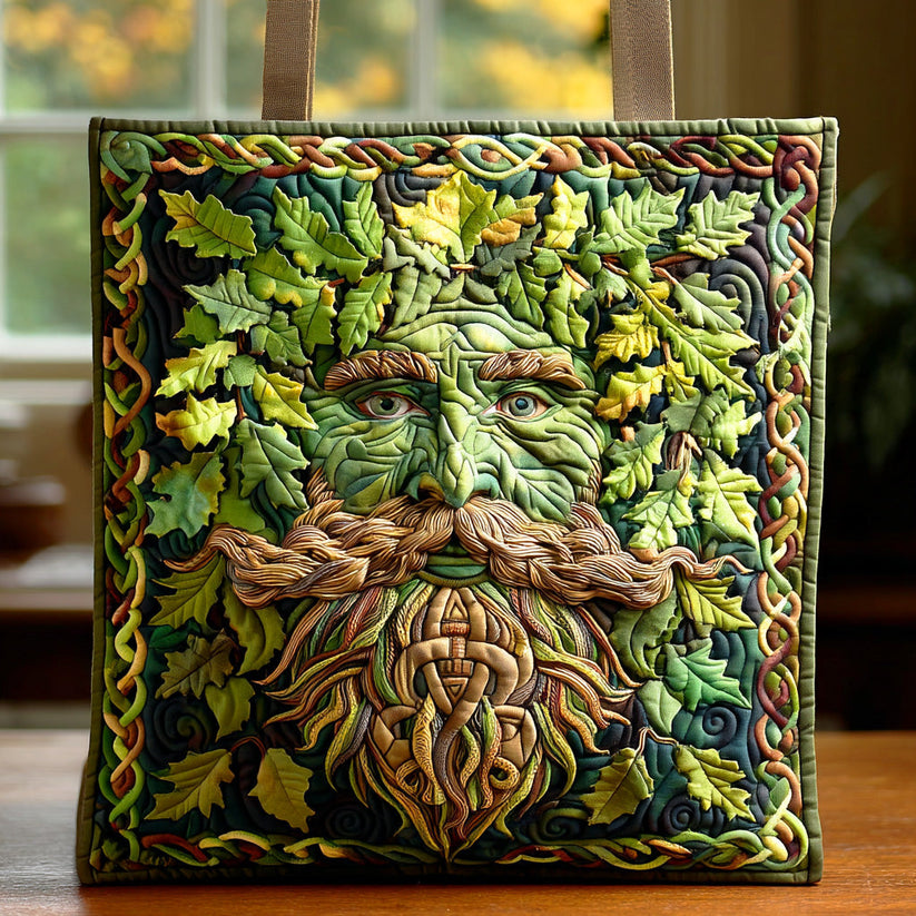 Green Man Quilted Tote Bag – Mythical Nature 3D Embroidered Art