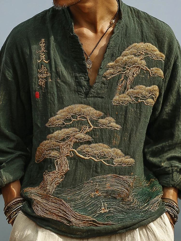 Men's Japanese Art Pine Embroidery Linen Shirt