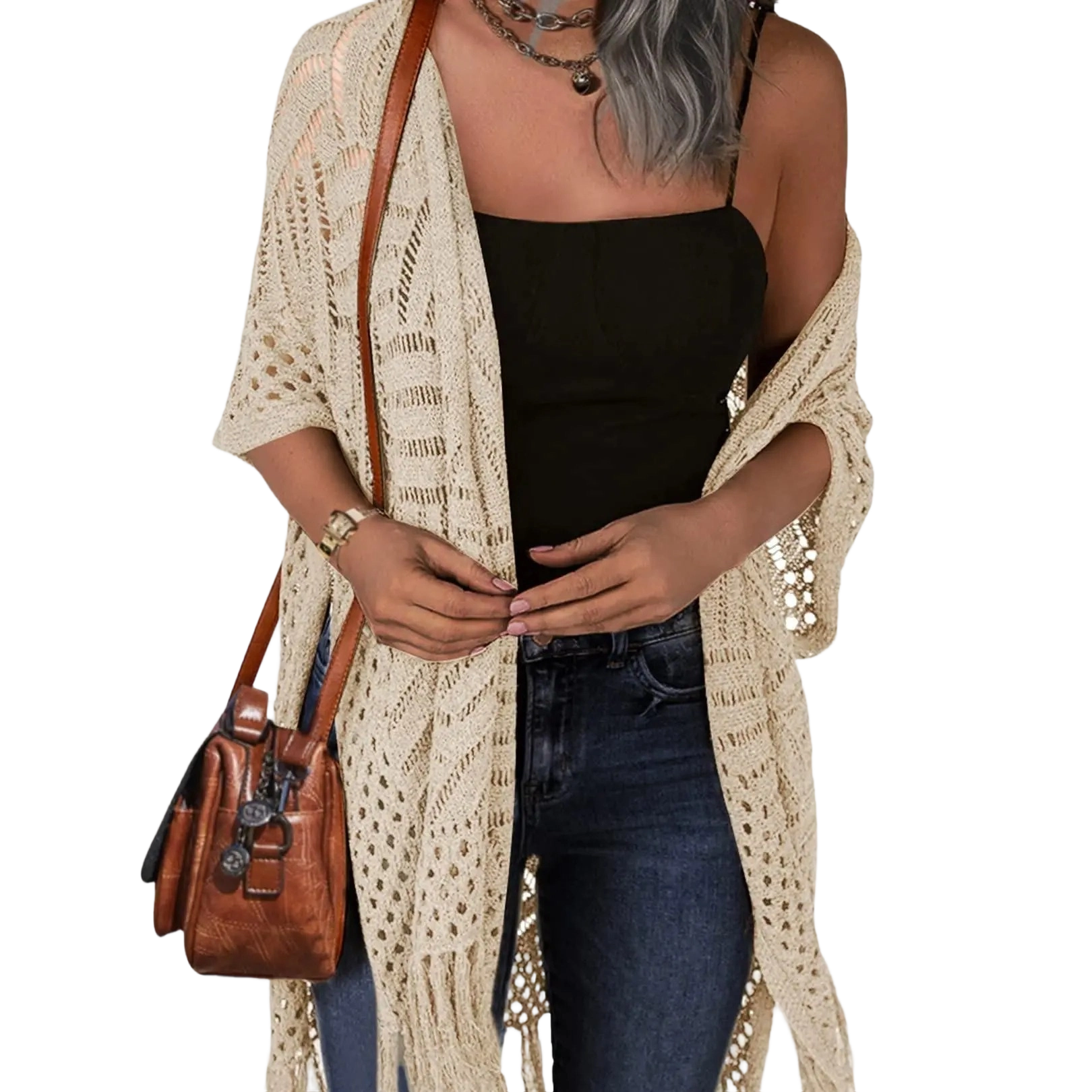Womens Knit Cardigan Open Front Outwear New Spring & Summer Hollow Out Crochet Tassel Lightweight Kimonos Sweater