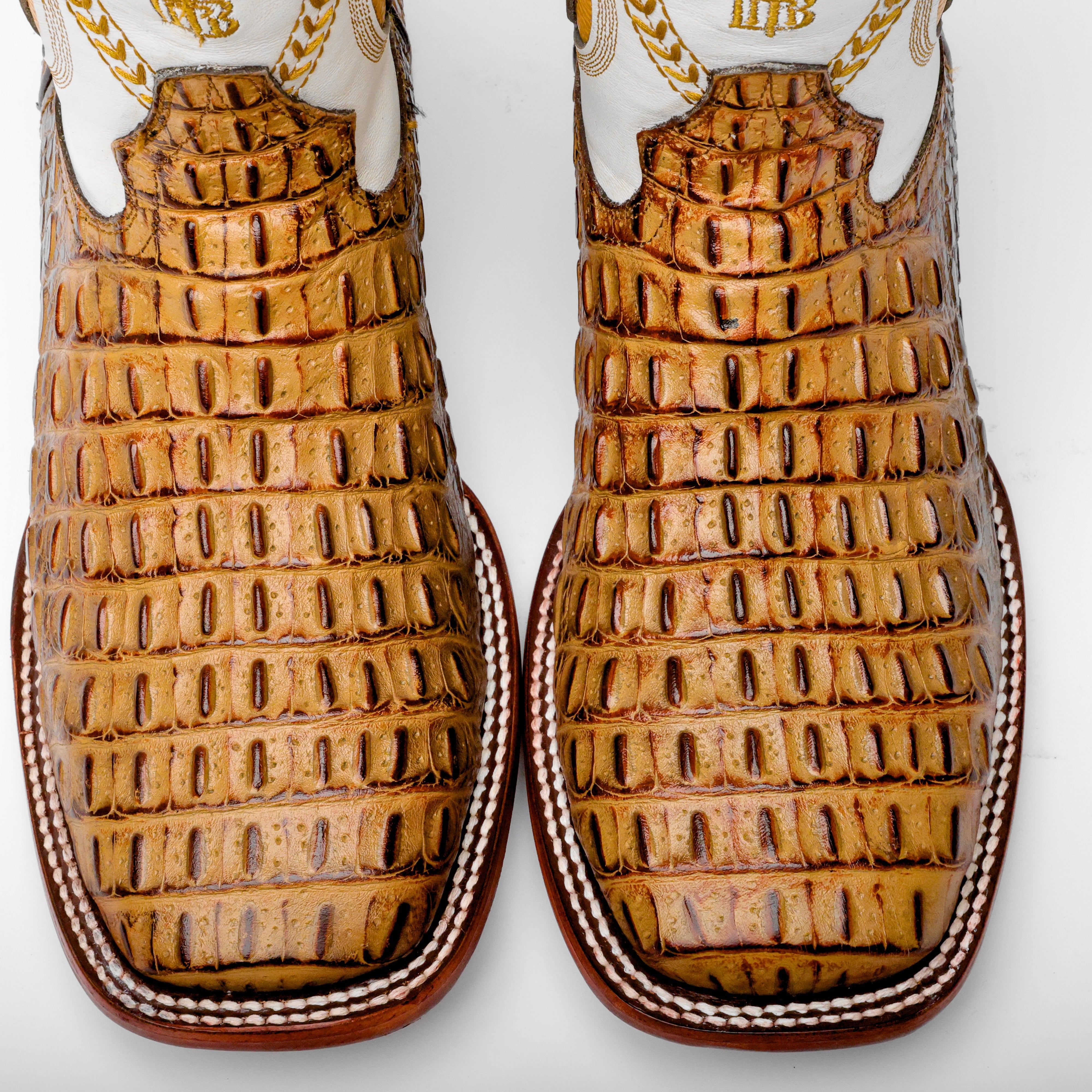 Honey Caiman Hornback Leather Boots - Square Toe