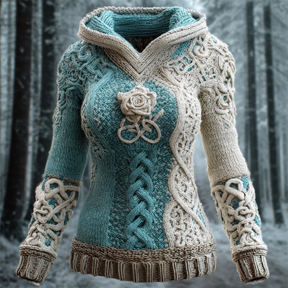Viking Rose Knit Art Women's Hooded Sweater