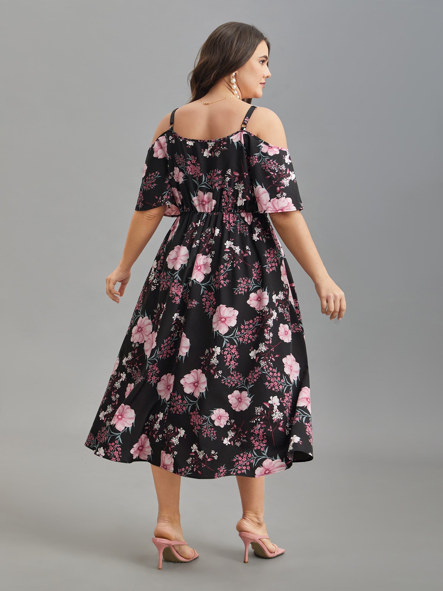 Floral Print Cold-Shoulder Pockets Midi Dress