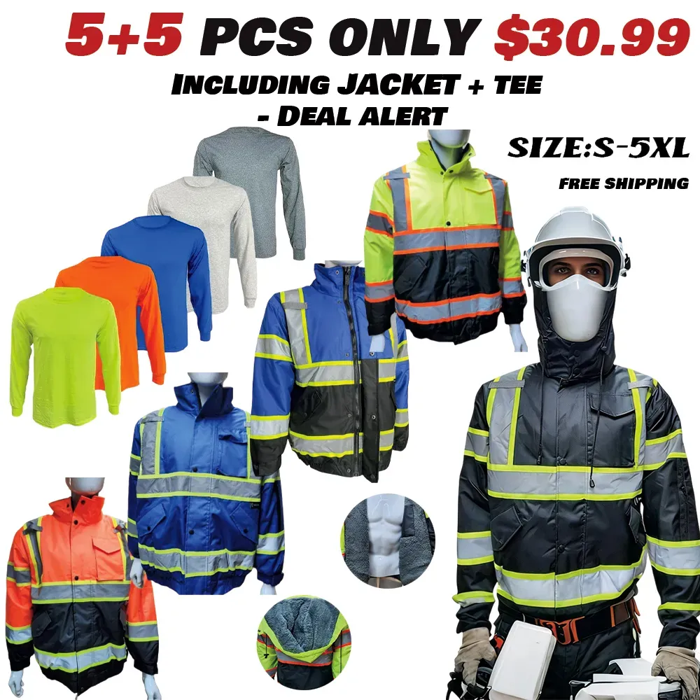 High Visibility Water Resistant Bomber Safety Jacket with Hoodie / Reflective Safety Sherpa Insulated Jacket