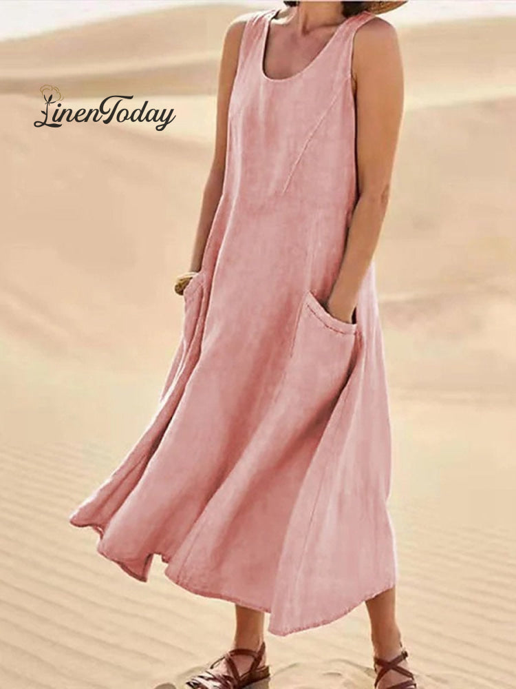 Women Sleeveless Sundress Elegant Round Neck Cotton Linen Solid Long Tank Casual Summer Dress