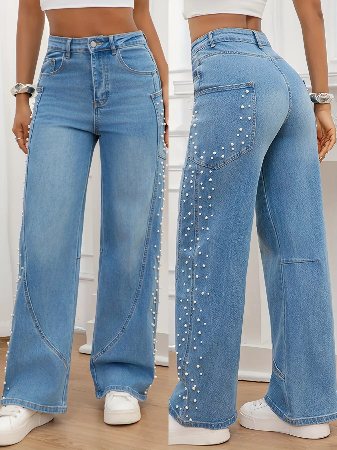 Pearl Embellished Wide Leg Jeans
