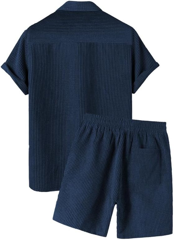 Men's 2 Piece Outfits Casual Button Down Short Sleeve Shirts Shorts Summer Beach Sets