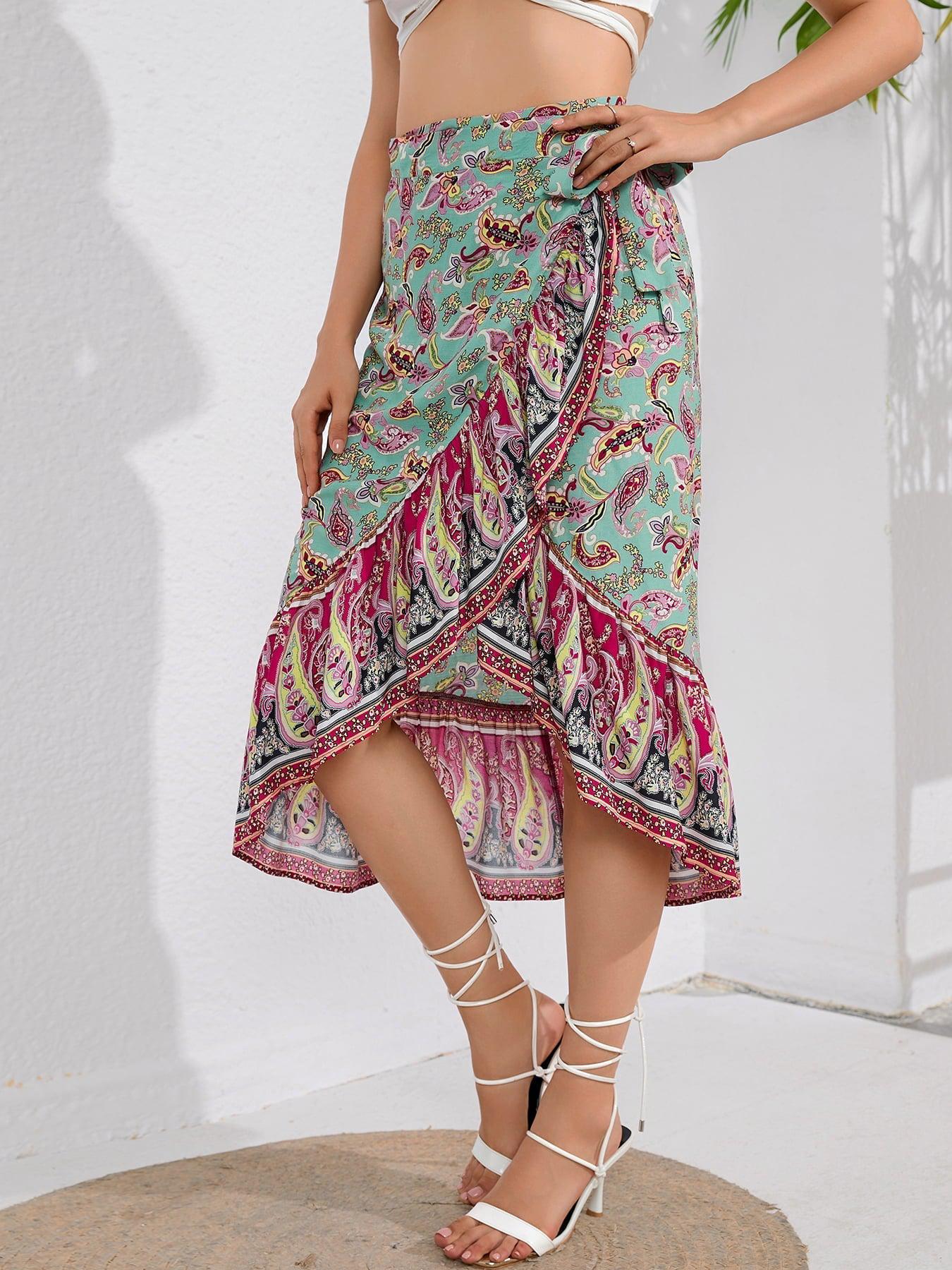 Bohemian Tie Waistband Flounce Hem Midi Skirt