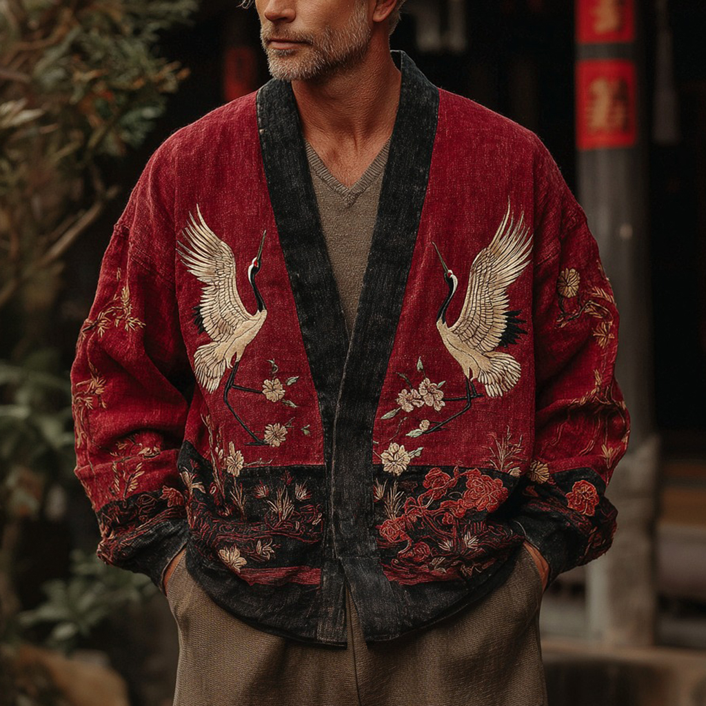 Japanese Cranes With Floral Art Linen Blend Kimono Cardigan
