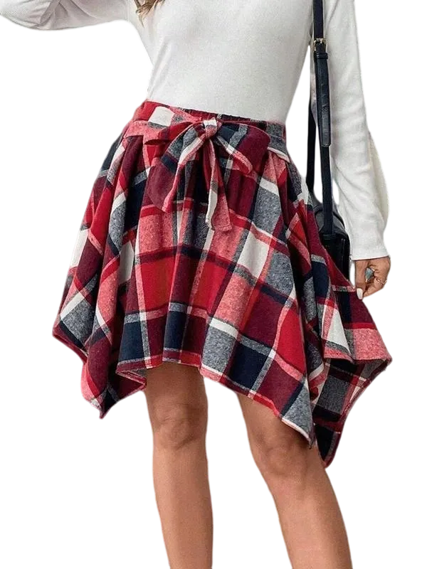 Women's Fashion Plaid Print Asymmetrical Hem High Waisted Skirt