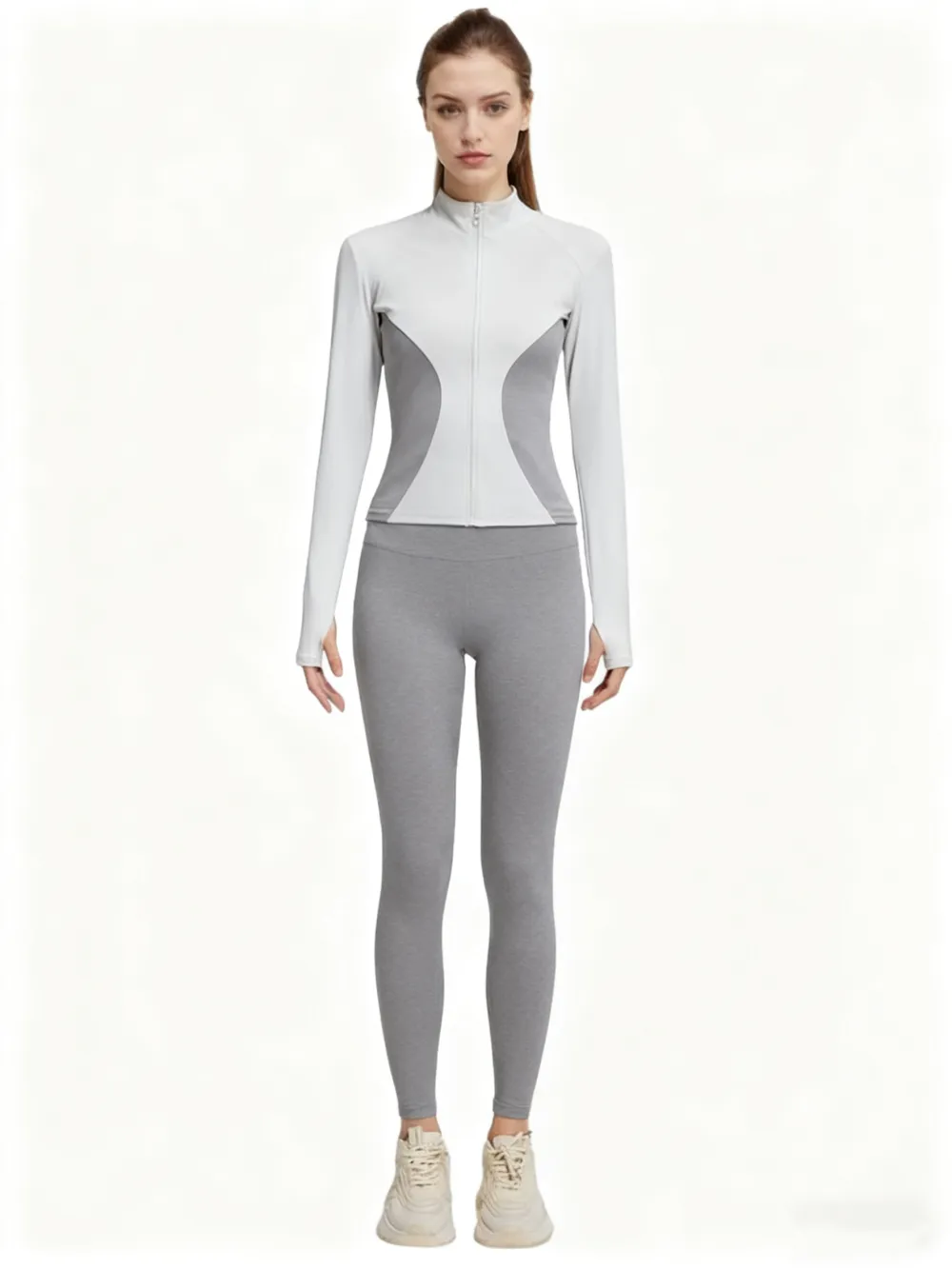 Women's Solid Zip Up Mock Neck Sports Jacket & High Waist Leggings Set