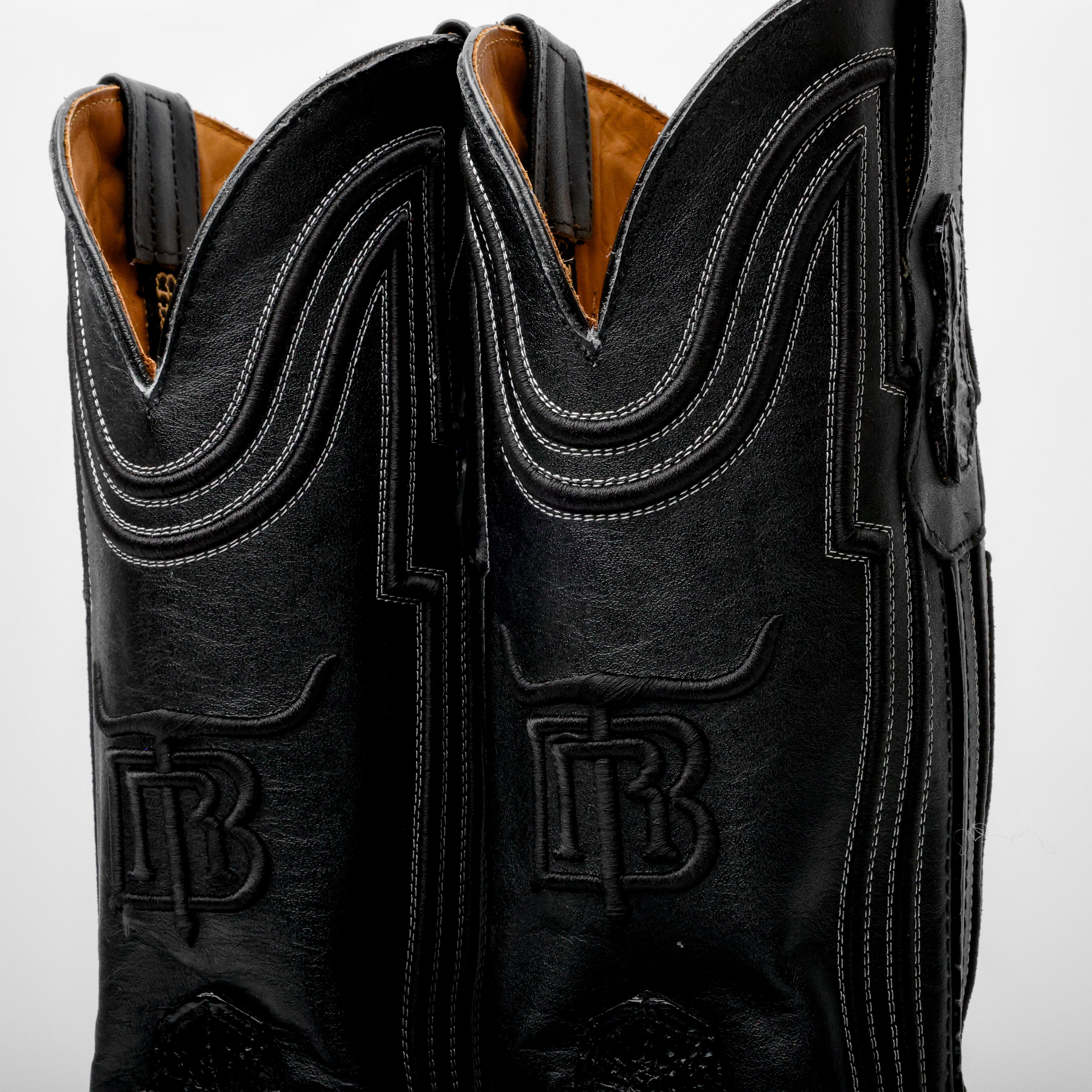 Black Caiman Neck Leather Boots - Square Toe