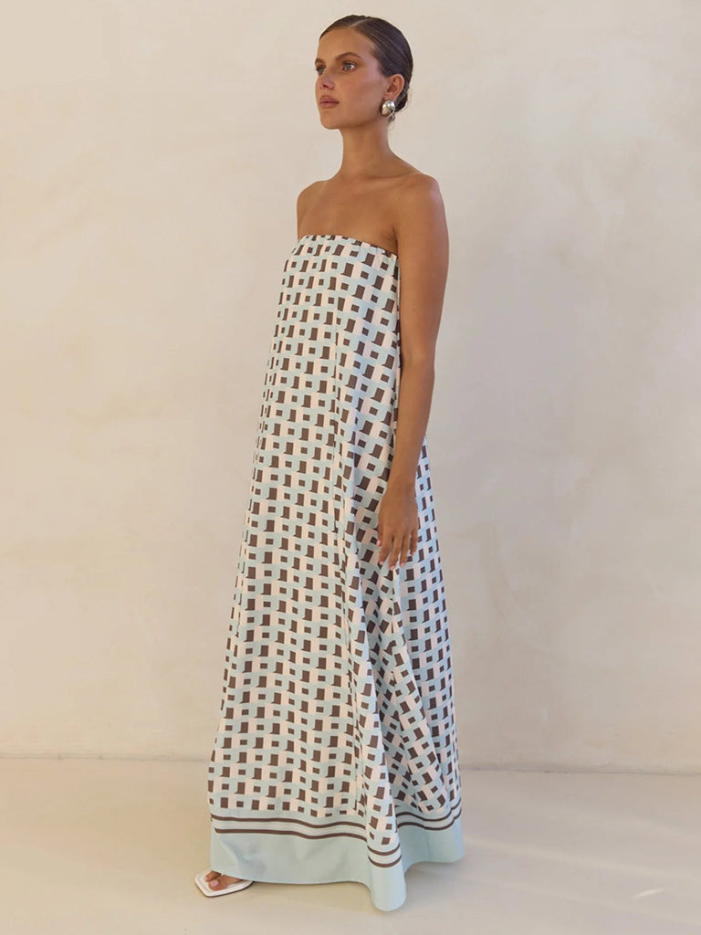 Strapless Off-shoulder Brown Checkered Print Floor Length Dress