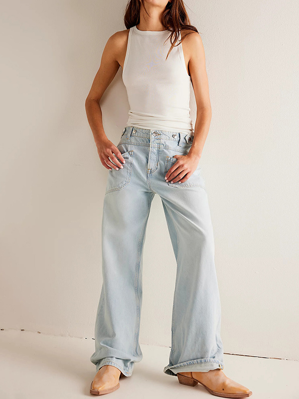 Casual Non-Stretch Washed Straight Wide-Leg Jeans Pants