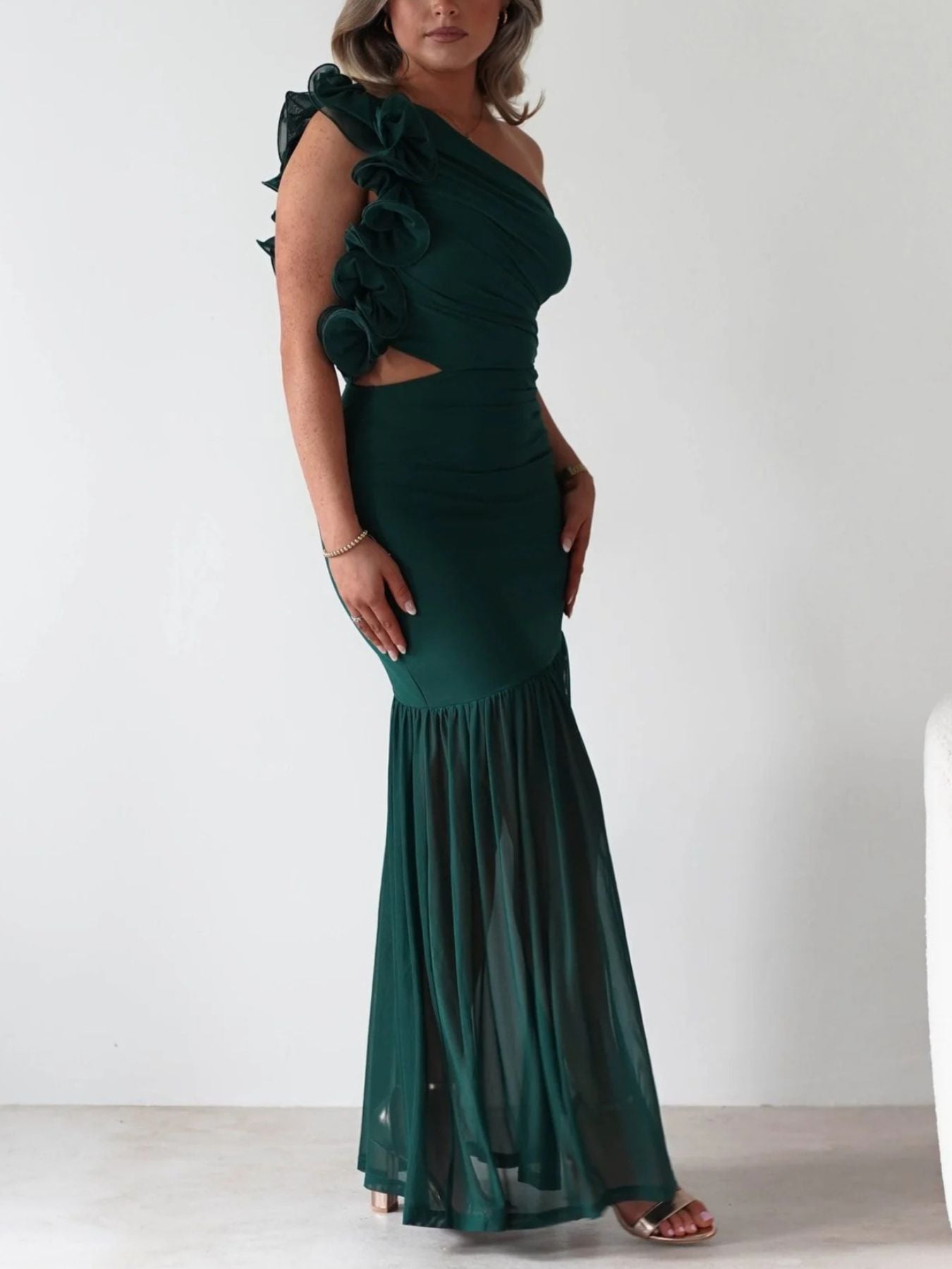 One-Shoulder Ruffle Trim Maxi Dress