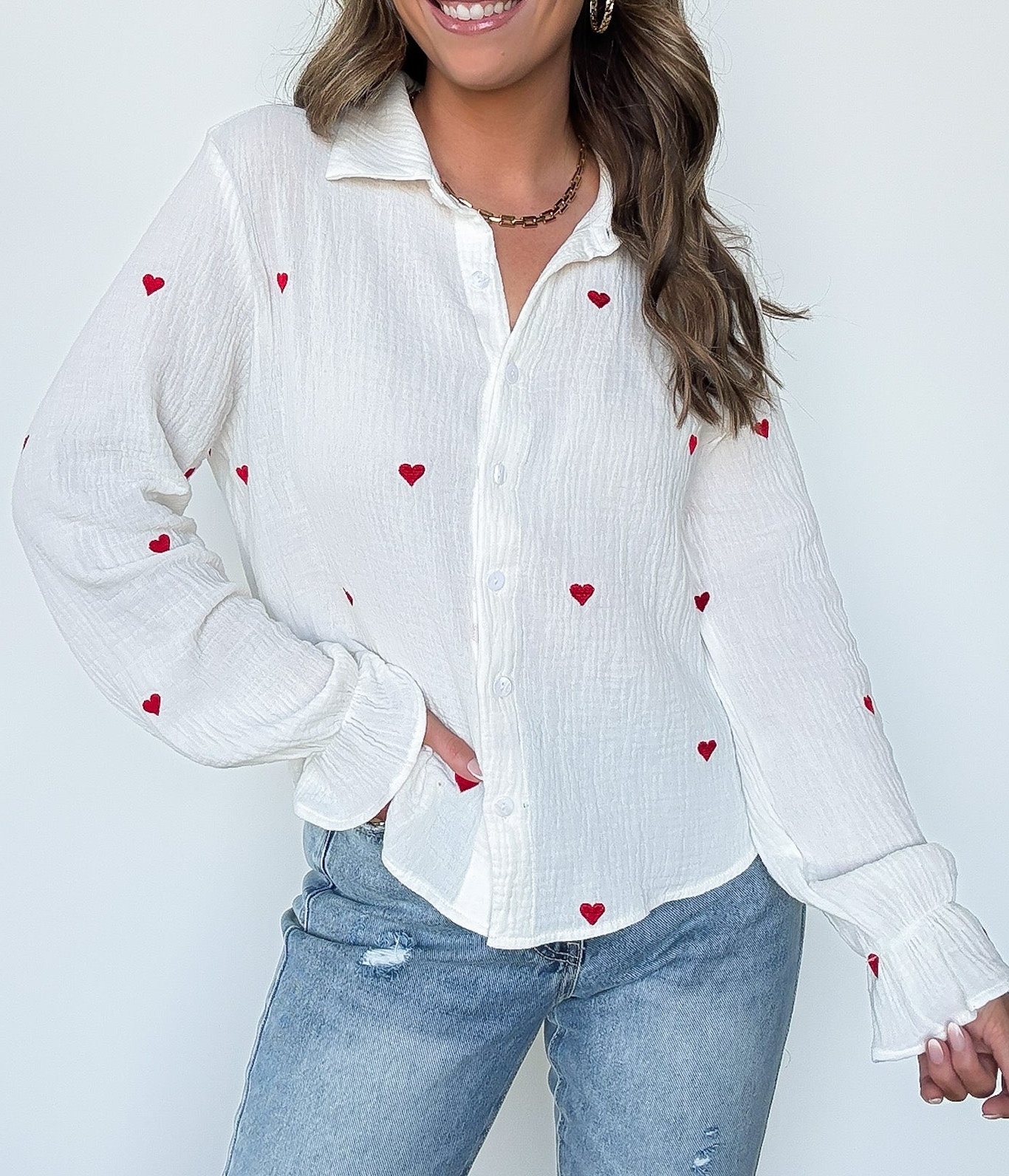 Heart Embroidered Button Down