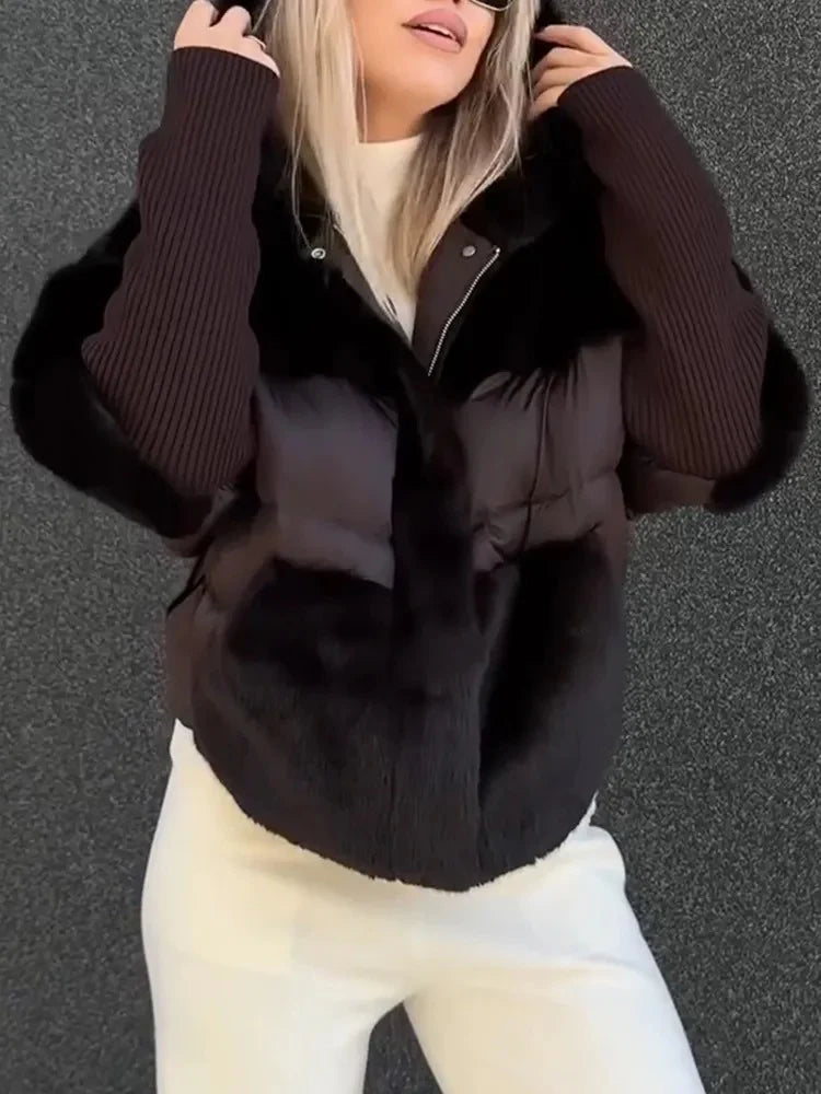 Women Hooded Plush Patchwork Casual Coat