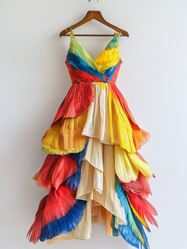 Summer Rainbow Parrot Feather Embroidered Dress 6fab