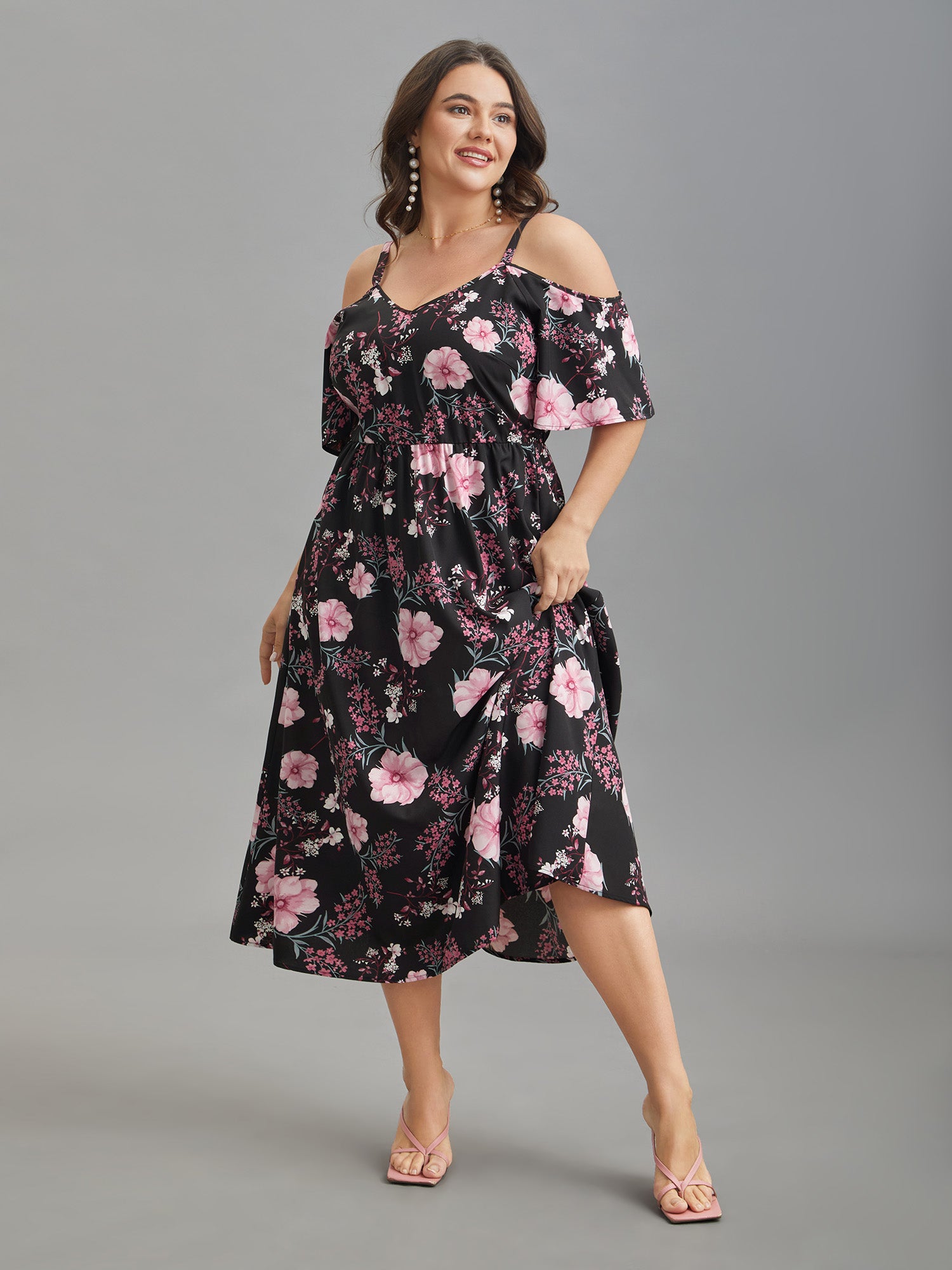 Floral Print Cold-Shoulder Pockets Midi Dress
