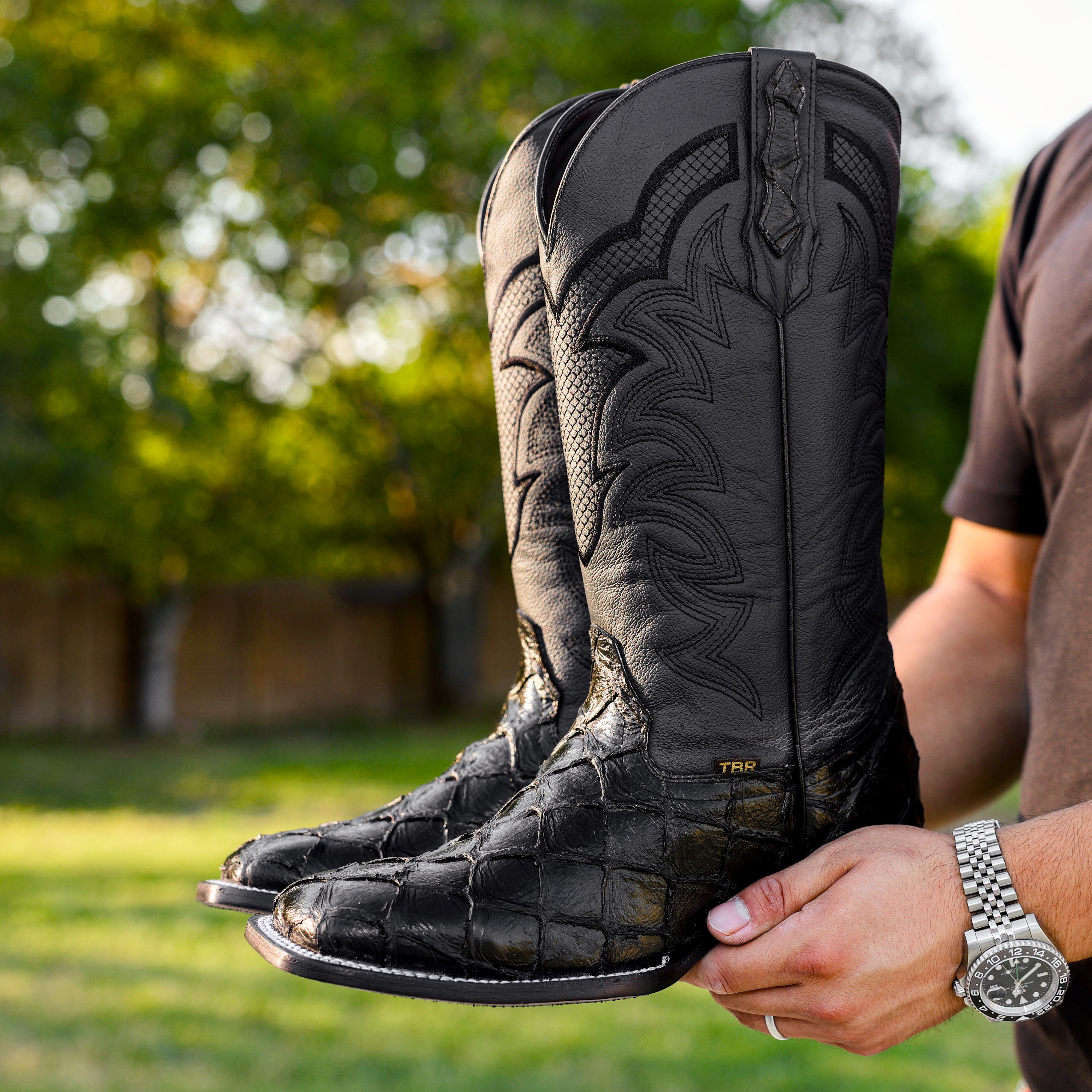 Black Pirarucu Leather Boots - Square Toe