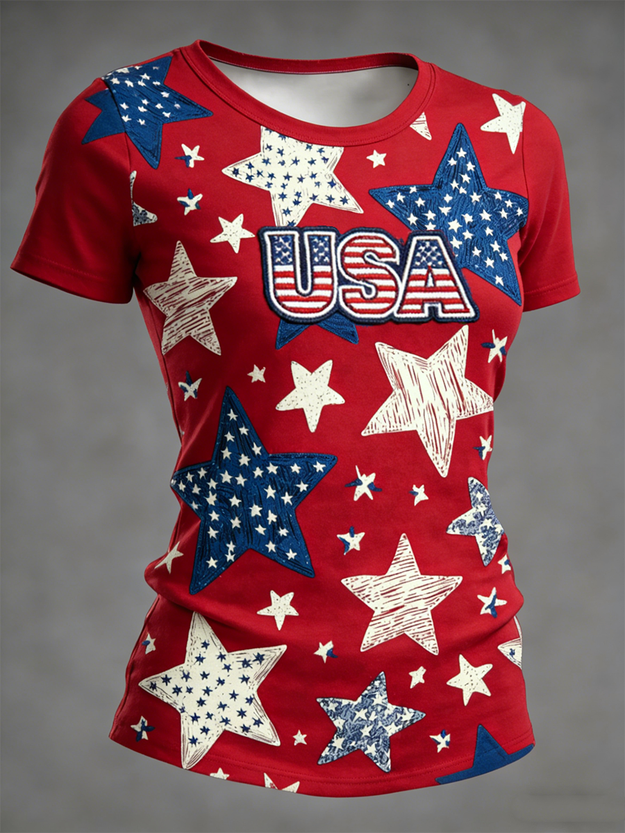 Women's USA Star Print Embroidered Patriotic Casual Top
