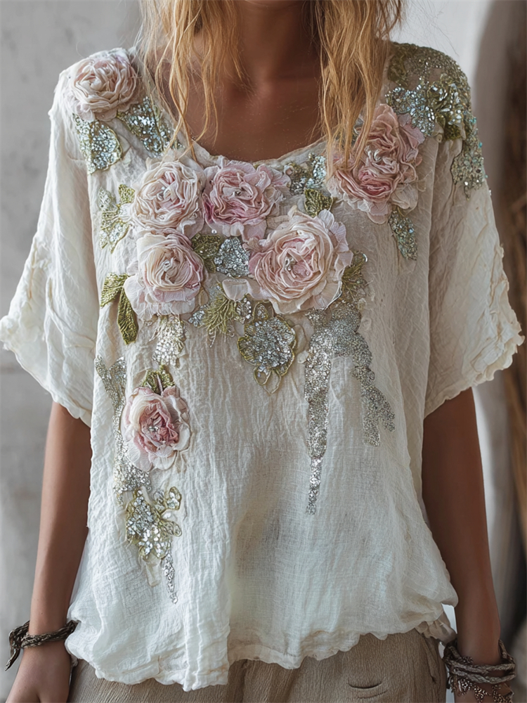 Boho Pink Roses Glitter Fiber Art Flowy Linen Tunic